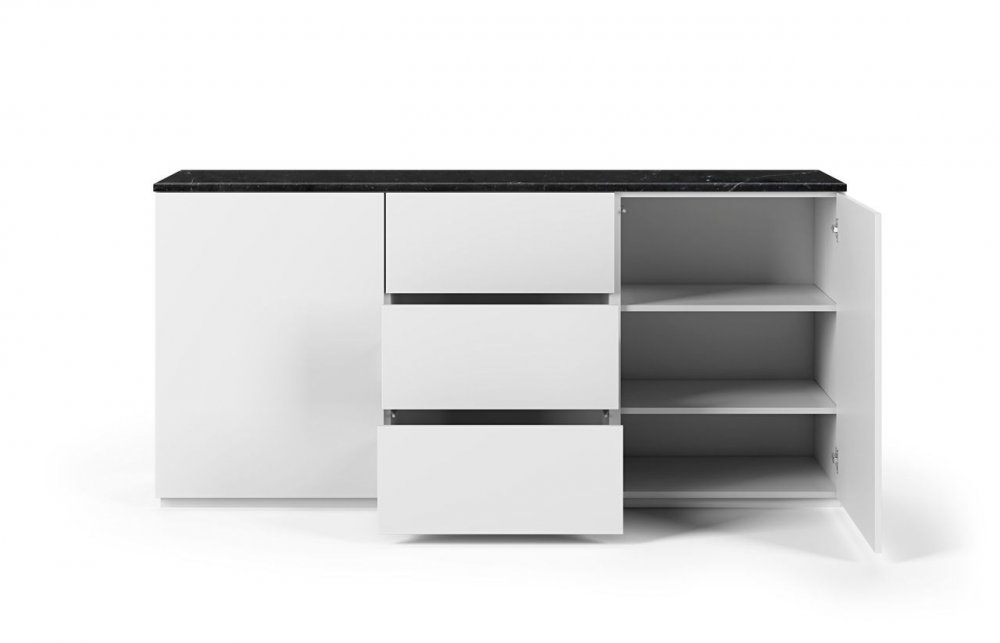 Buffet WHITY 2 blanc mat 180cm 2 portes/3 tiroirs Plateau en Marbre noir